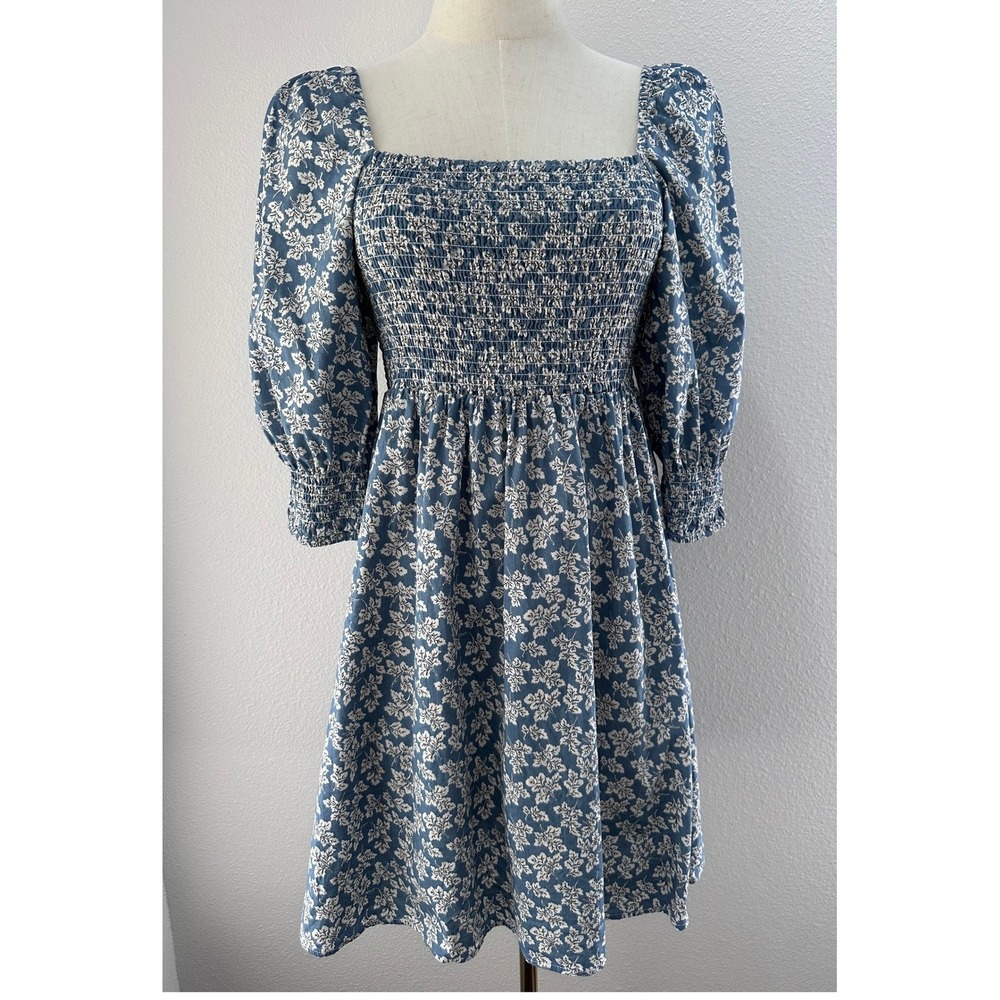 O.P.T Anthropologie Pastoral Blue Floral Puff Sleeve Mini Dress M Cottagecore